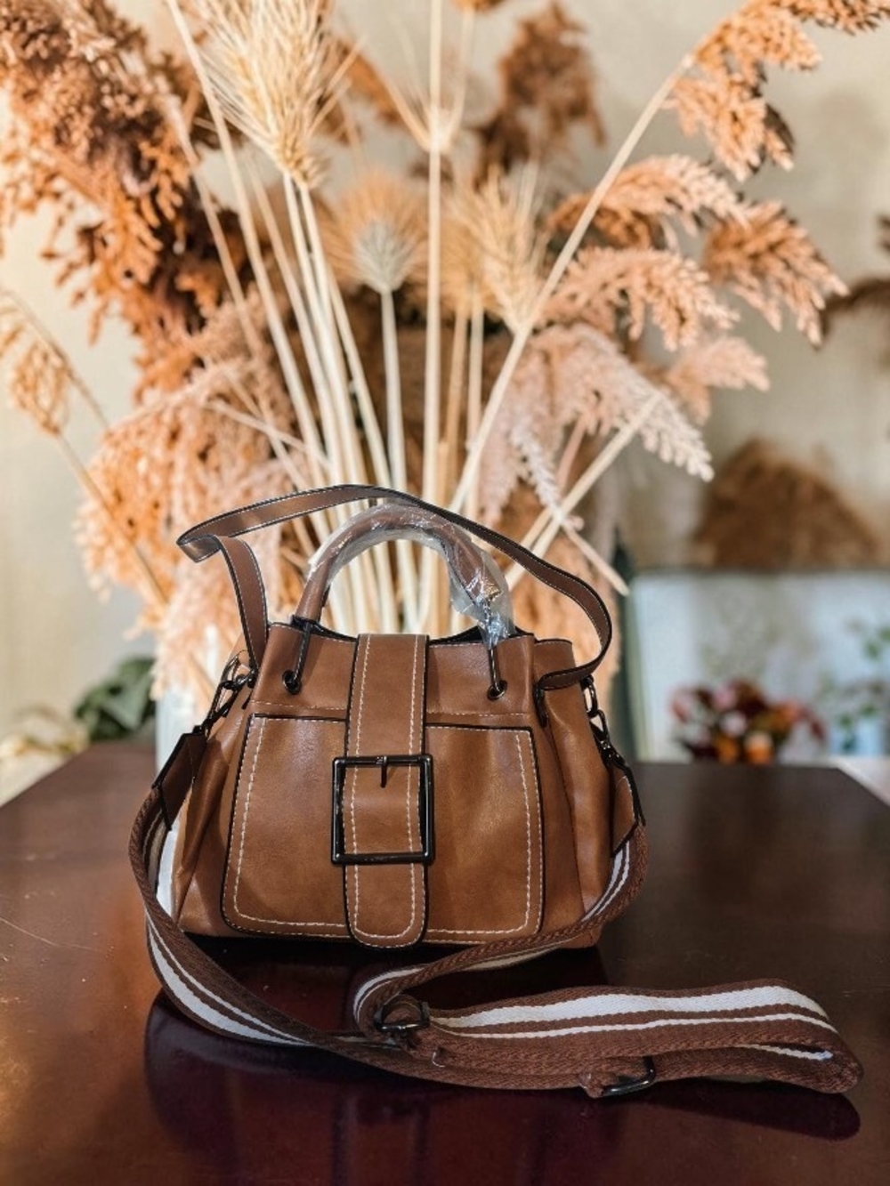 Tan White Stitching Faux Leather Satchel-Boho Crossbody Bag With Large Buckle